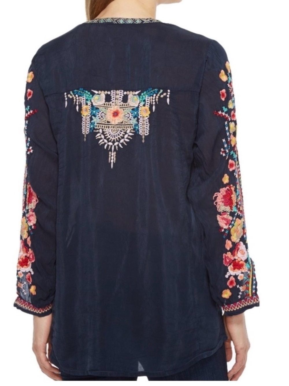 Johnny Was Navy Embroidered Floral & Peacock Blouse - Picture 3 of 7